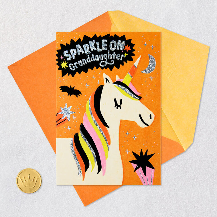 Pink, Orange and Black Unicorn Halloween Card Card Front with Envelope and Gold Seal image number 6