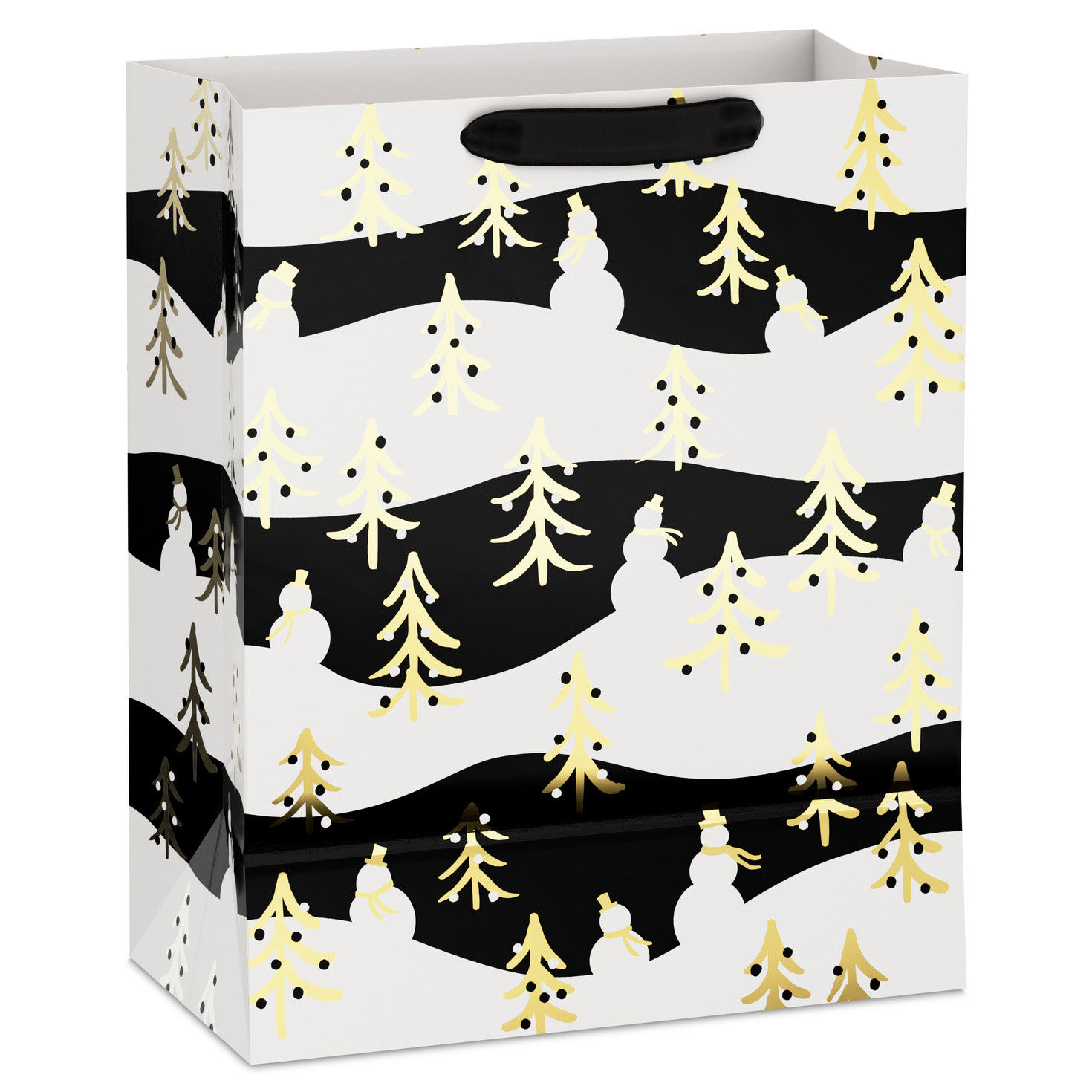 Gold Trees on Black and White Large Holiday Gift Bag Back image number 6