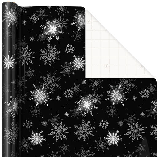 Holiday Snowflakes on Black Christmas Wrapping Paper, 40 sq. ft., 