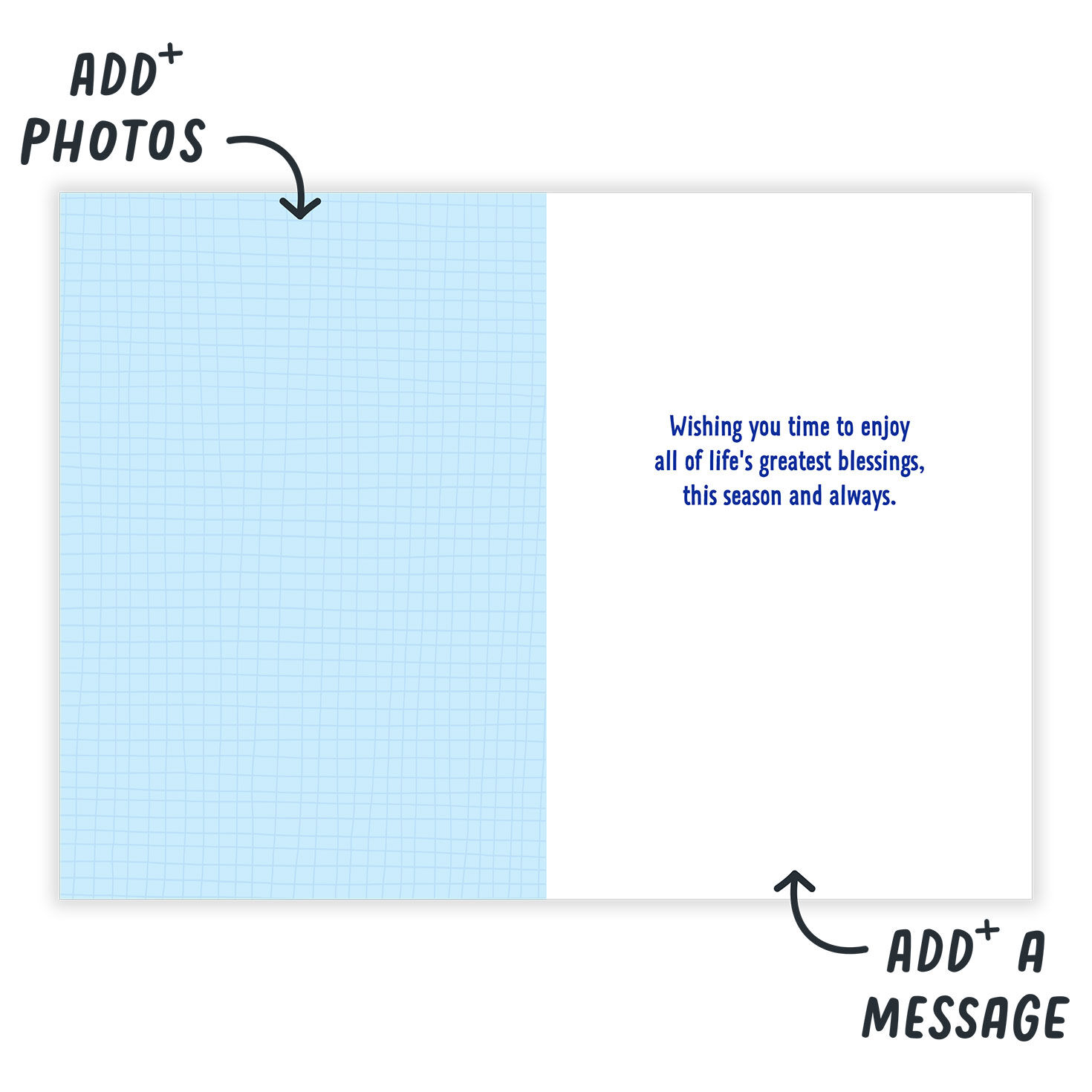 Blue Holiday Symbols Personalized Hanukkah Card Open Card indicating personalization image number 3