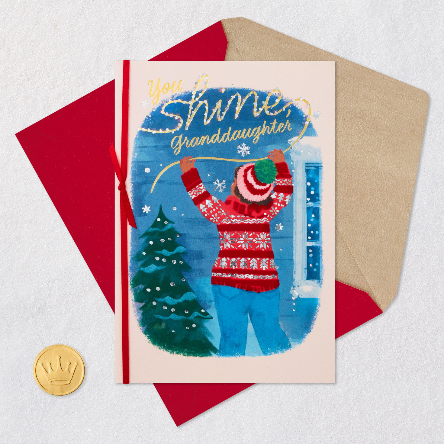 Fair Isle Winter Scene Christmas Card for Granddaughter Card Front with Envelope and Gold Seal image number 6