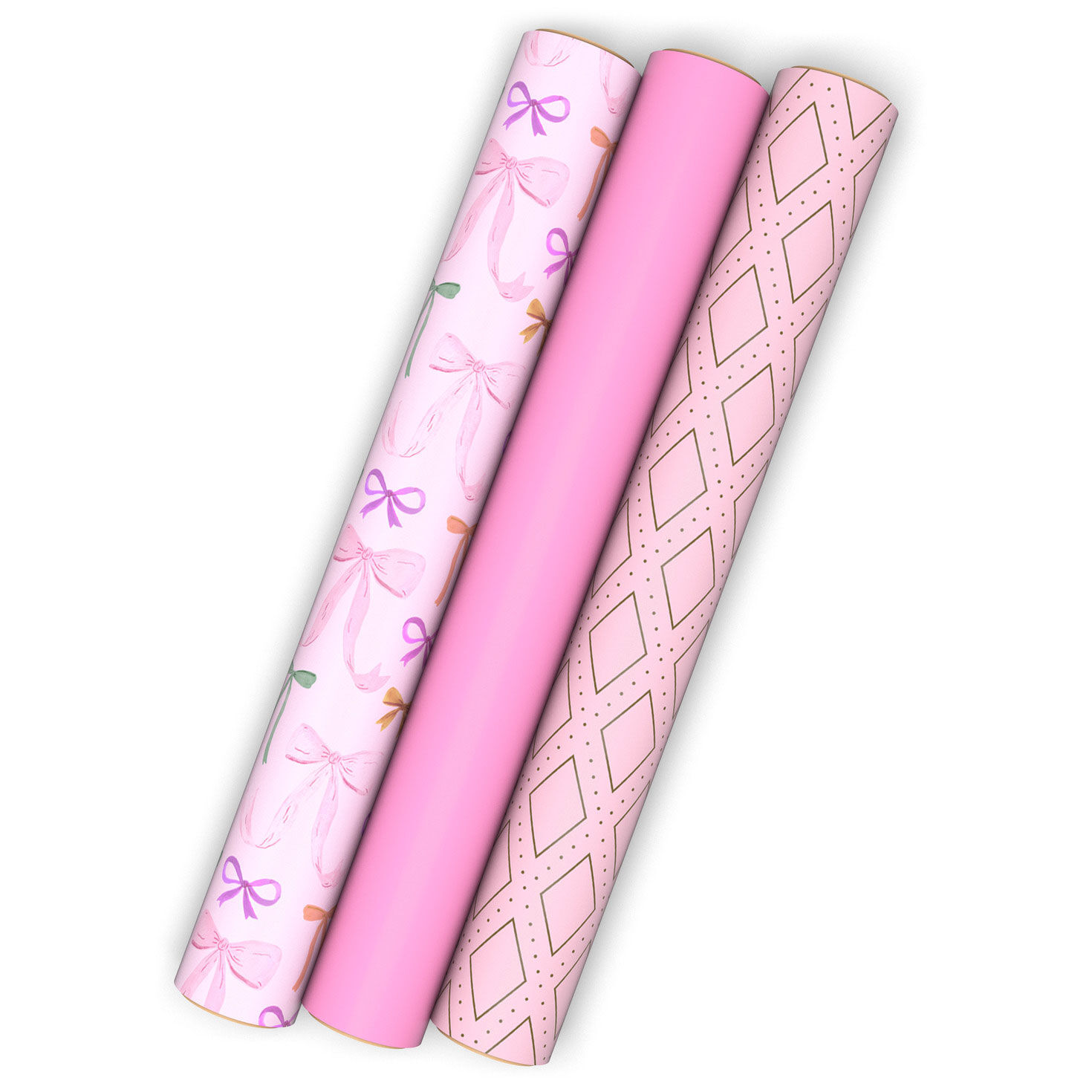 Painted Bows on Pink, Gold Diamonds 3-Pack Wrapping Paper Mini Rolls, 60 sq. ft.