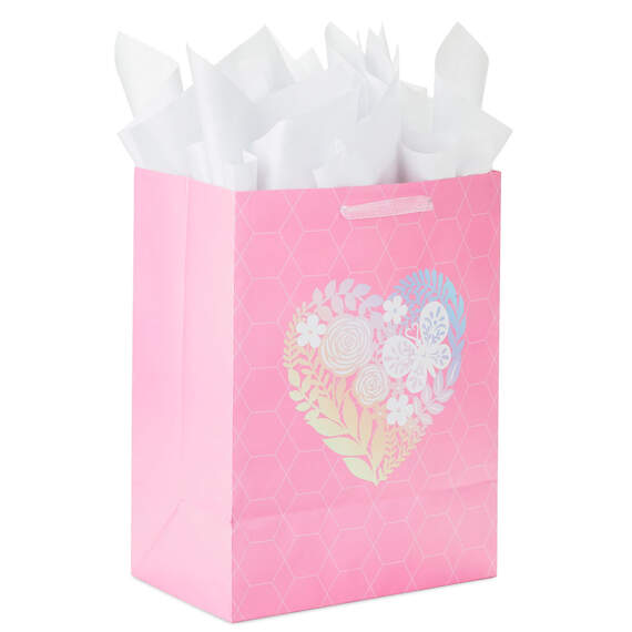 17" Pink Floral Heart XL Mother's Day Gift Bag With Tissue, , large image number 5