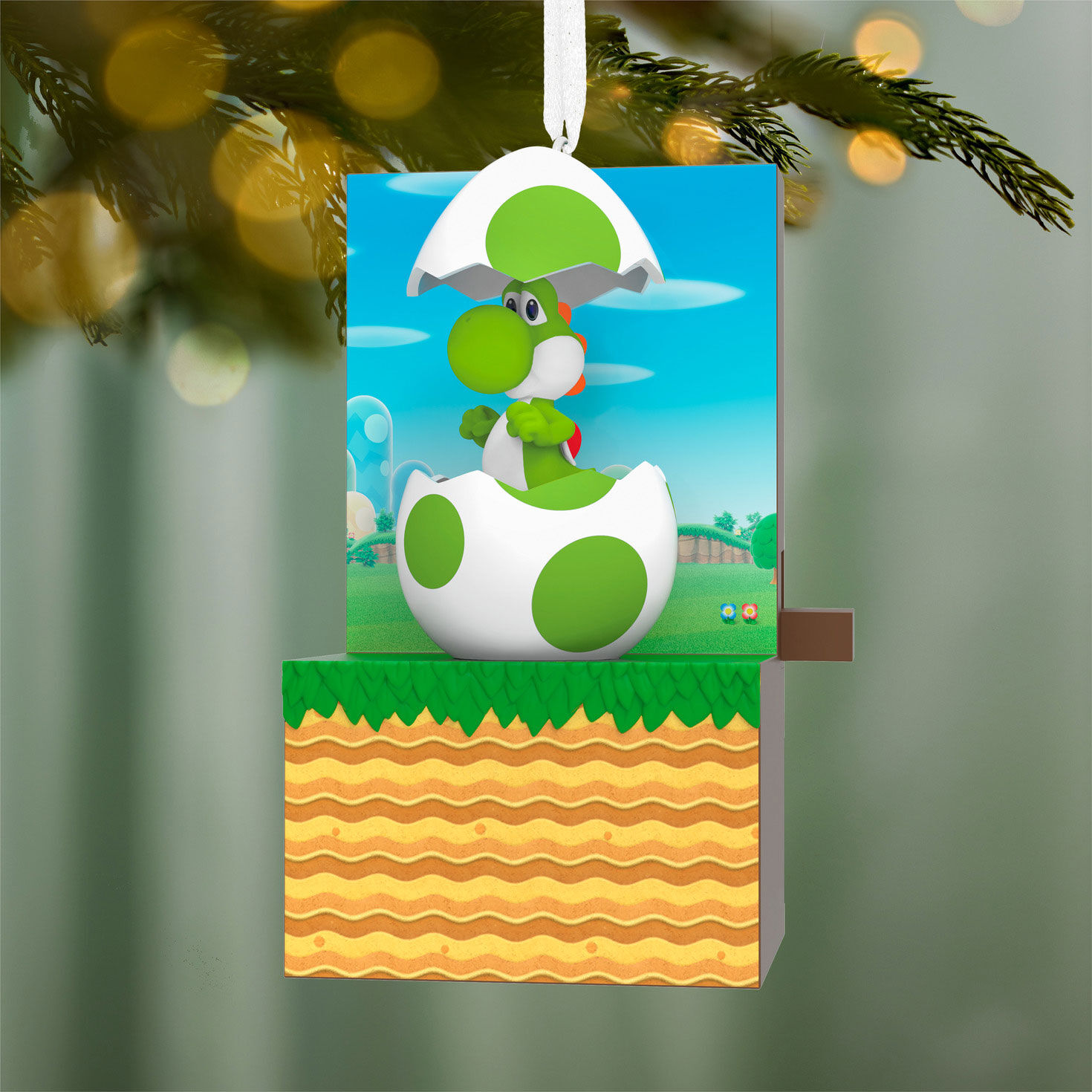 Yoshi in Egg Game Scene Keepsake Ornament Hanging on tree image number 2