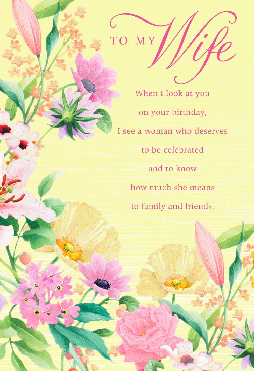 Floral Border on Yellow Birthday Card for Wife