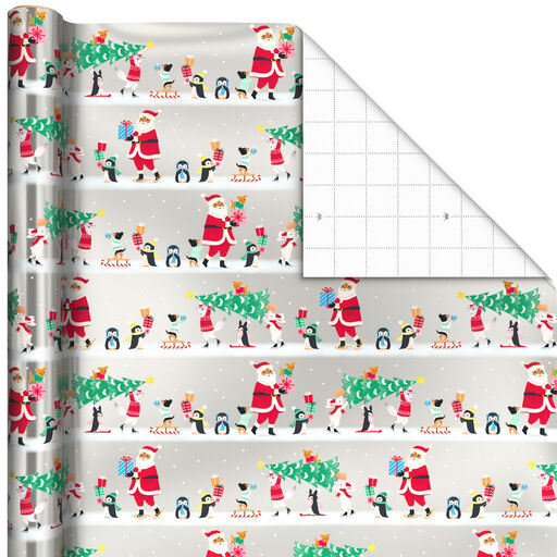 Santa and Pals on Silver Metallic Christmas Wrapping Paper, 22.5 sq. ft., 