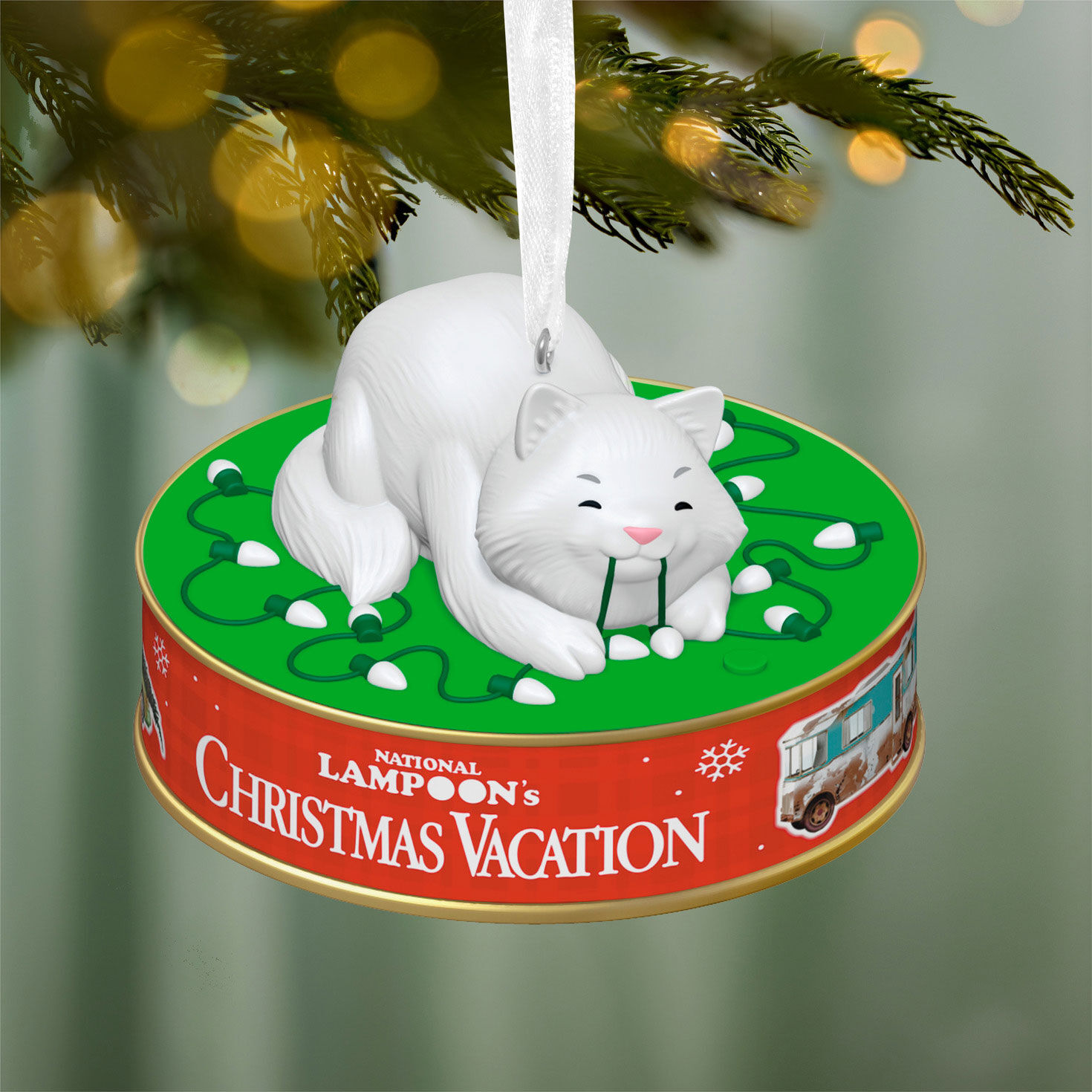 Cat Biting String Lights Keepsake Ornament hanging on tree image number 2