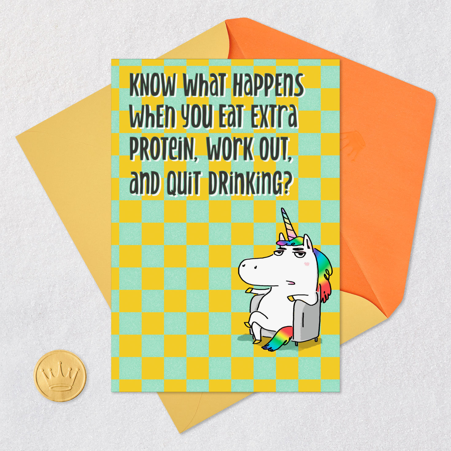 Meh Unicorn in Chair Funny Birthday Card Card with envelope and Seal image number 5