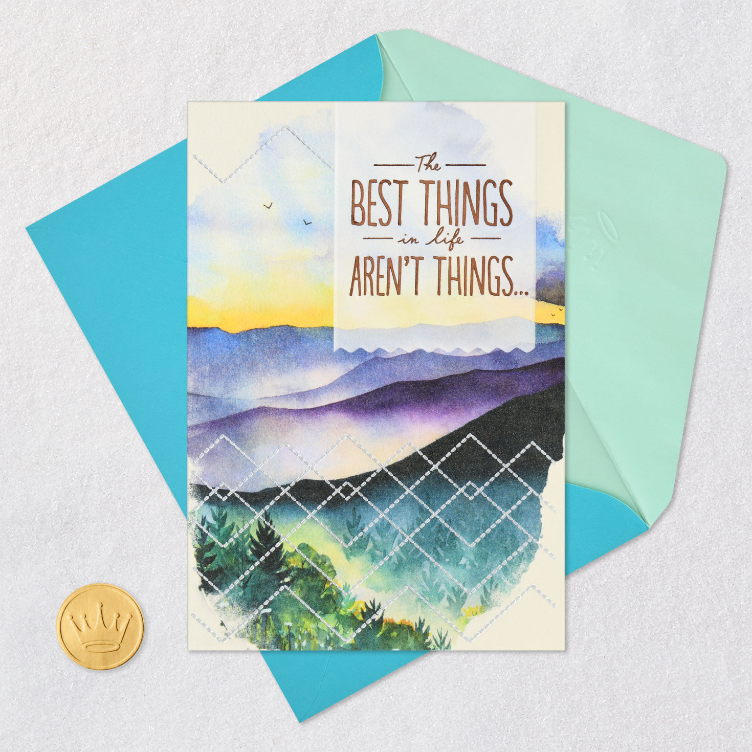 Watercolor Mountains Birthday Card Card Front with Envelope and Gold Seal image number 5