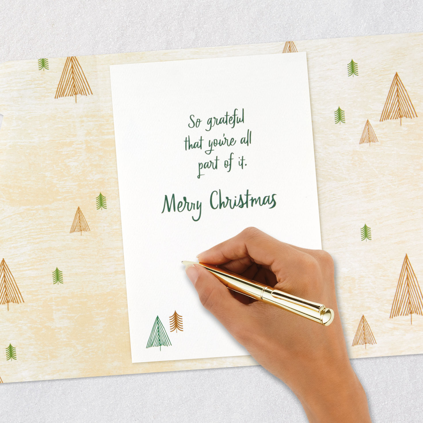 Green and Gold Trees Christmas Card for Son and Family signing card image number 8