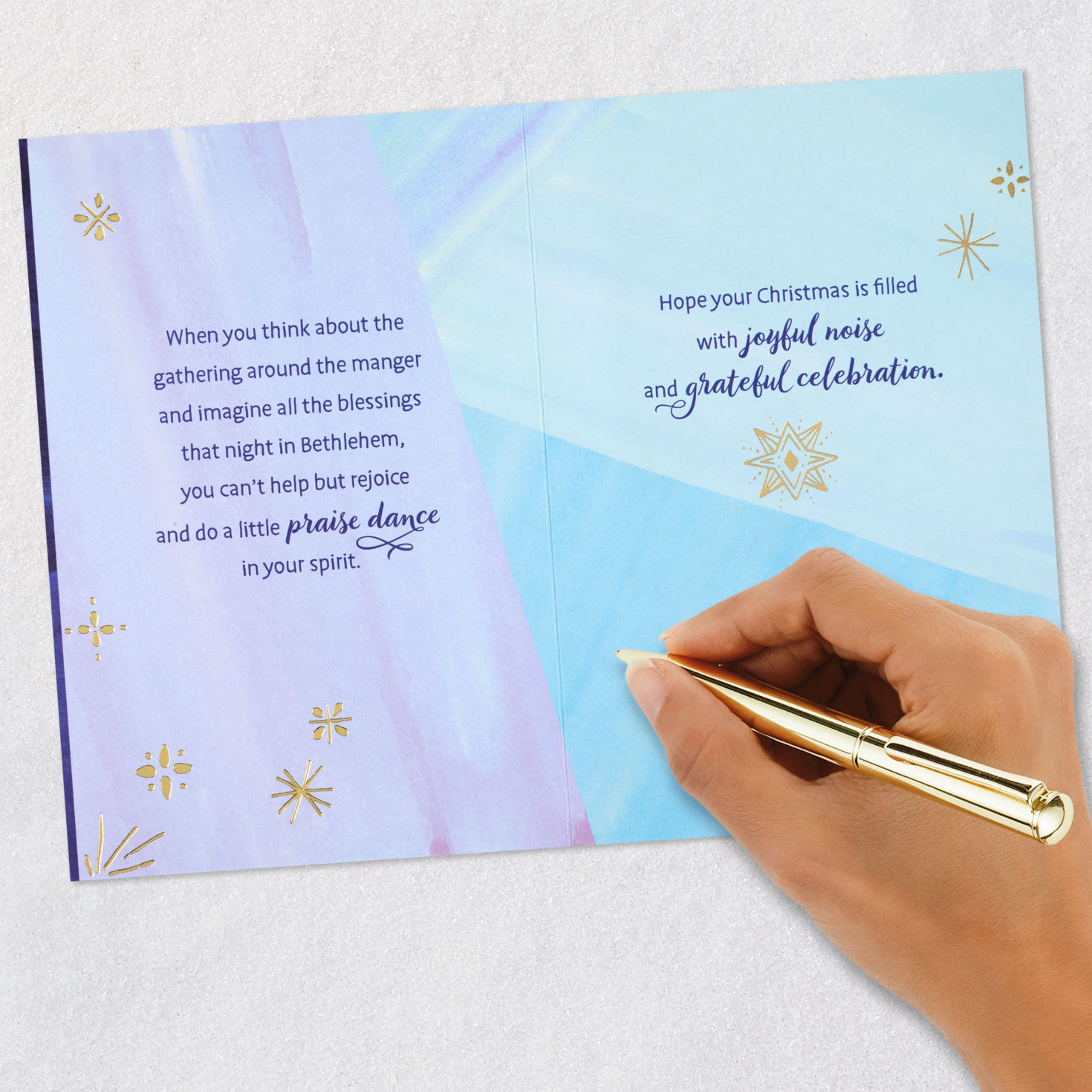 Blue and Gold Star Religious Christmas Card Signing card image number 8