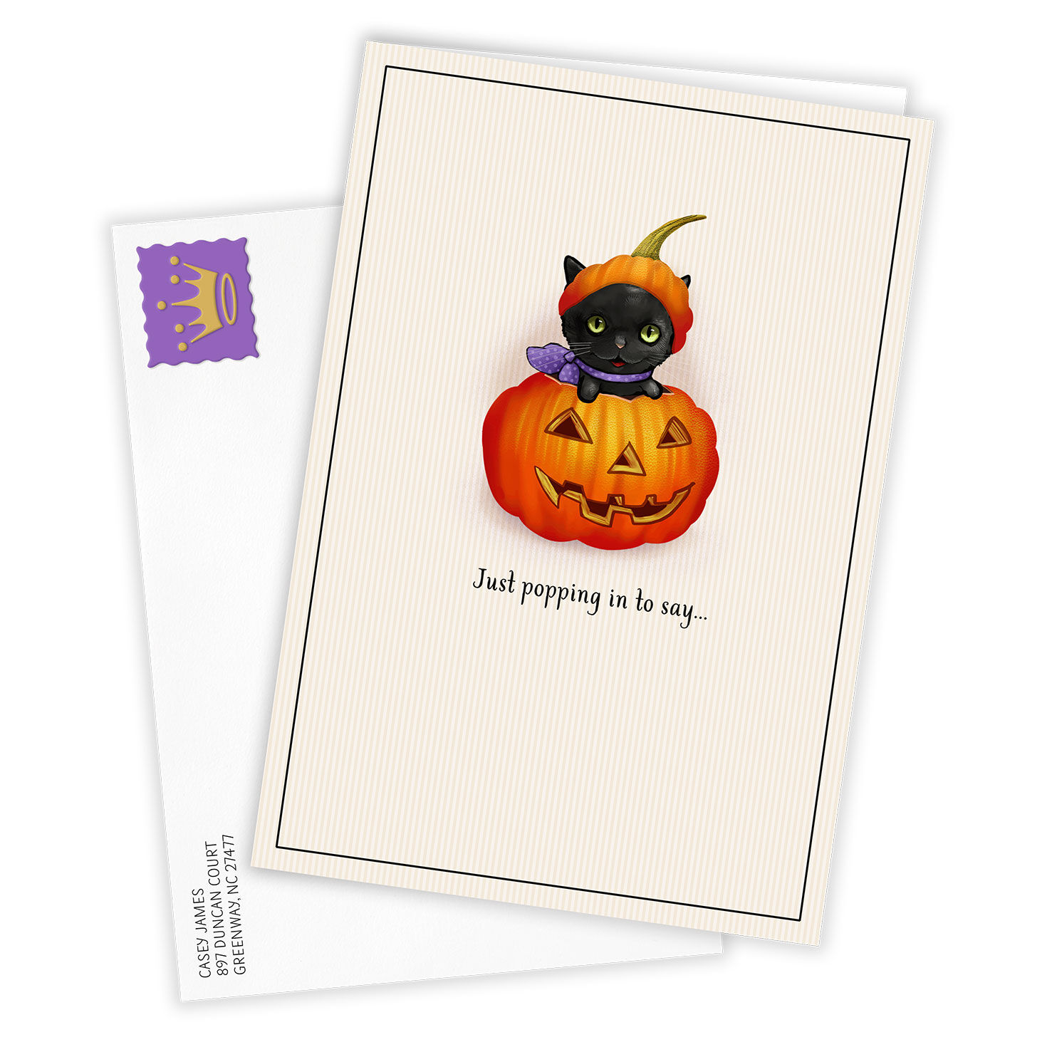 Black Cat in Pumpkin Personalized Halloween Card Card Front with Envelope image number 2