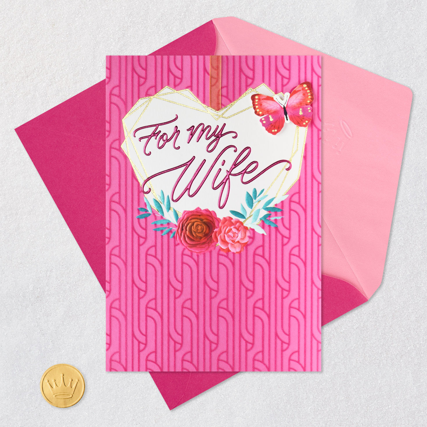 Heart, Butterfly and Flowers Wife Birthday Card Card Front with Envelope and Gold Seal image number 6