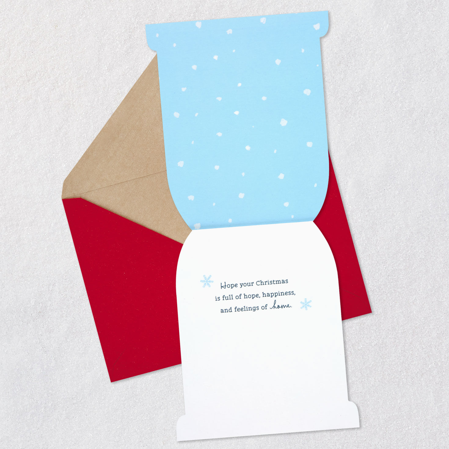 Snowy Red House in Bell Glass Christmas Card Open card with envelope image number 3