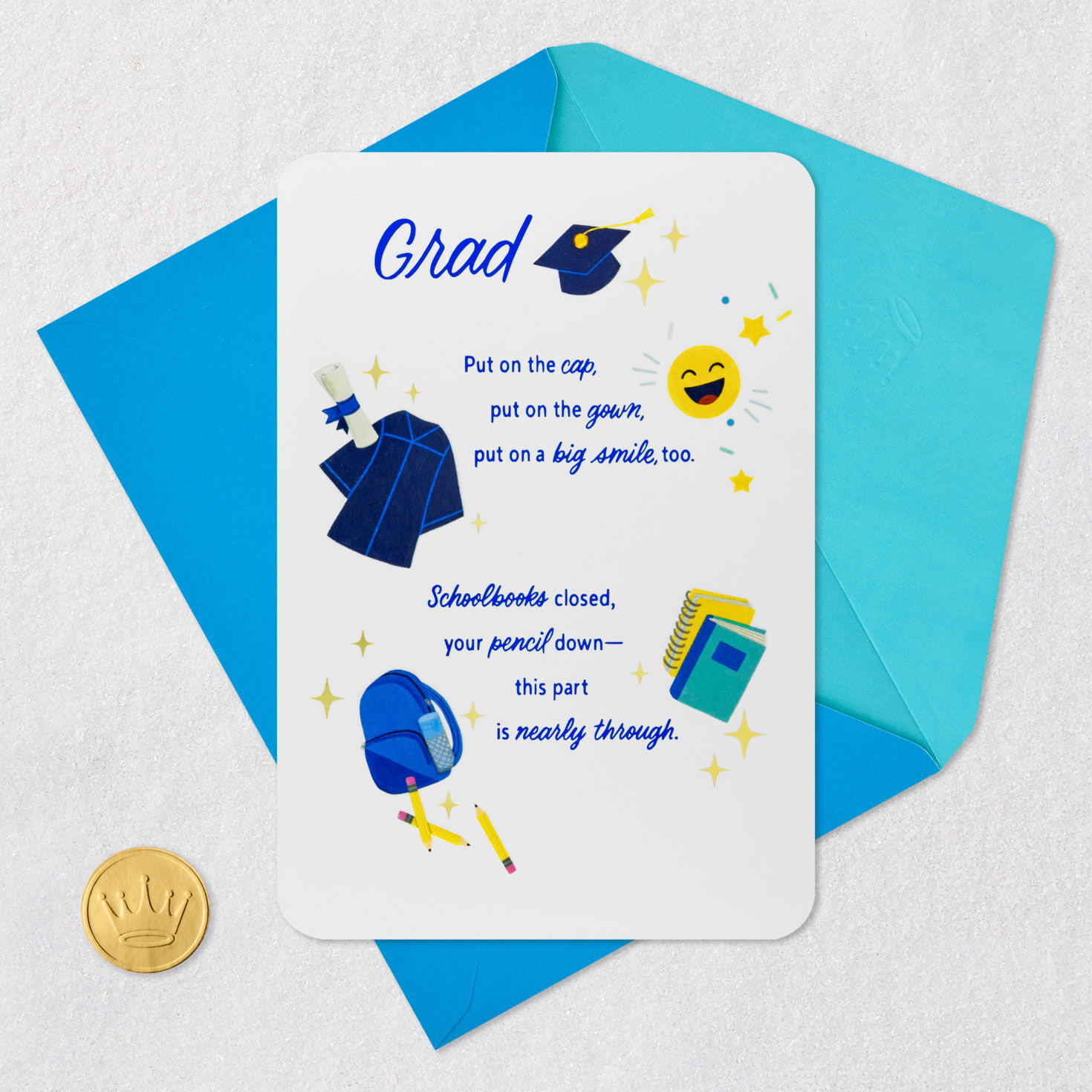 Blue and Gold Grad Icons on White Graduation Card Card Front with Envelope and Gold Seal image number 6