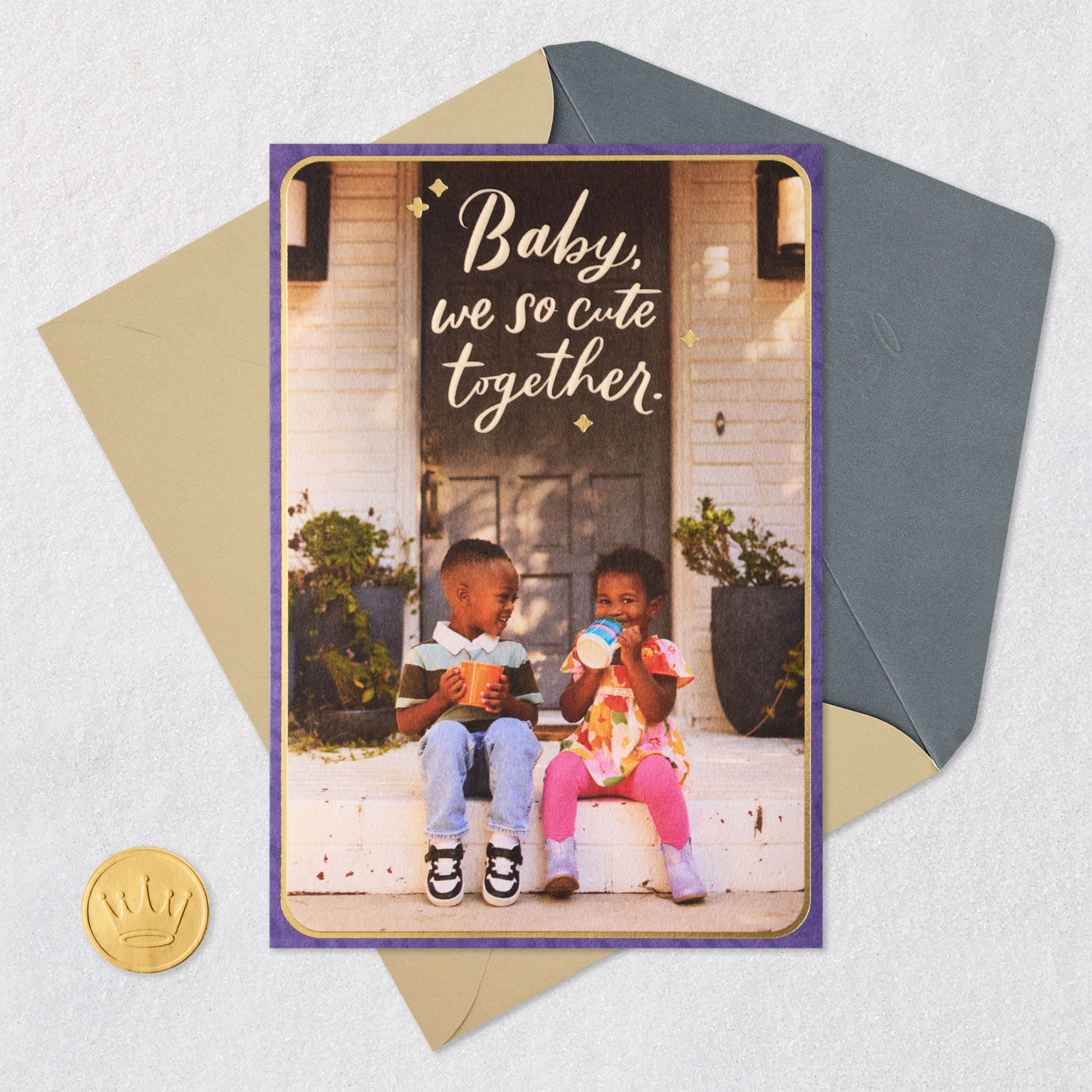Black Boy and Girl on Porch Step Anniversary Card Card Front with Envelope and Gold Seal image number 7