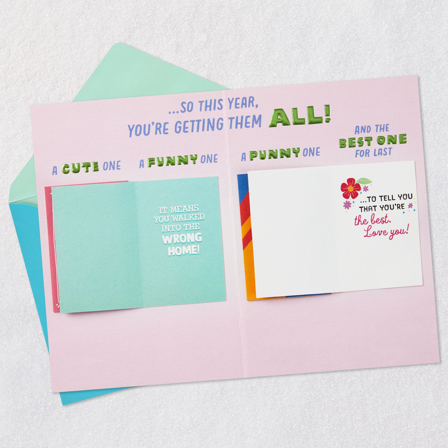 Four Mini Cards In One Birthday Card open card with envelope image number 6
