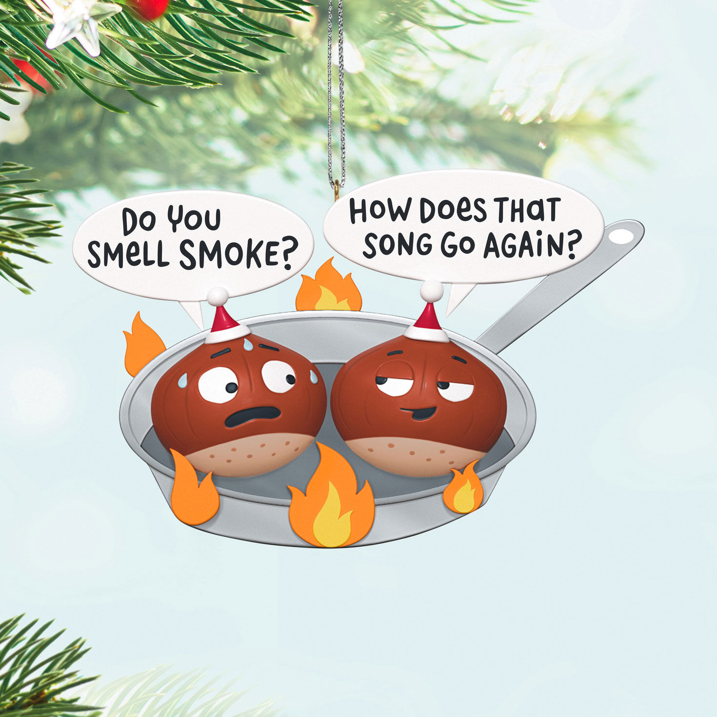 Chestnuts Roasting in Pan Keepsake Ornament Hanging on tree image number 2