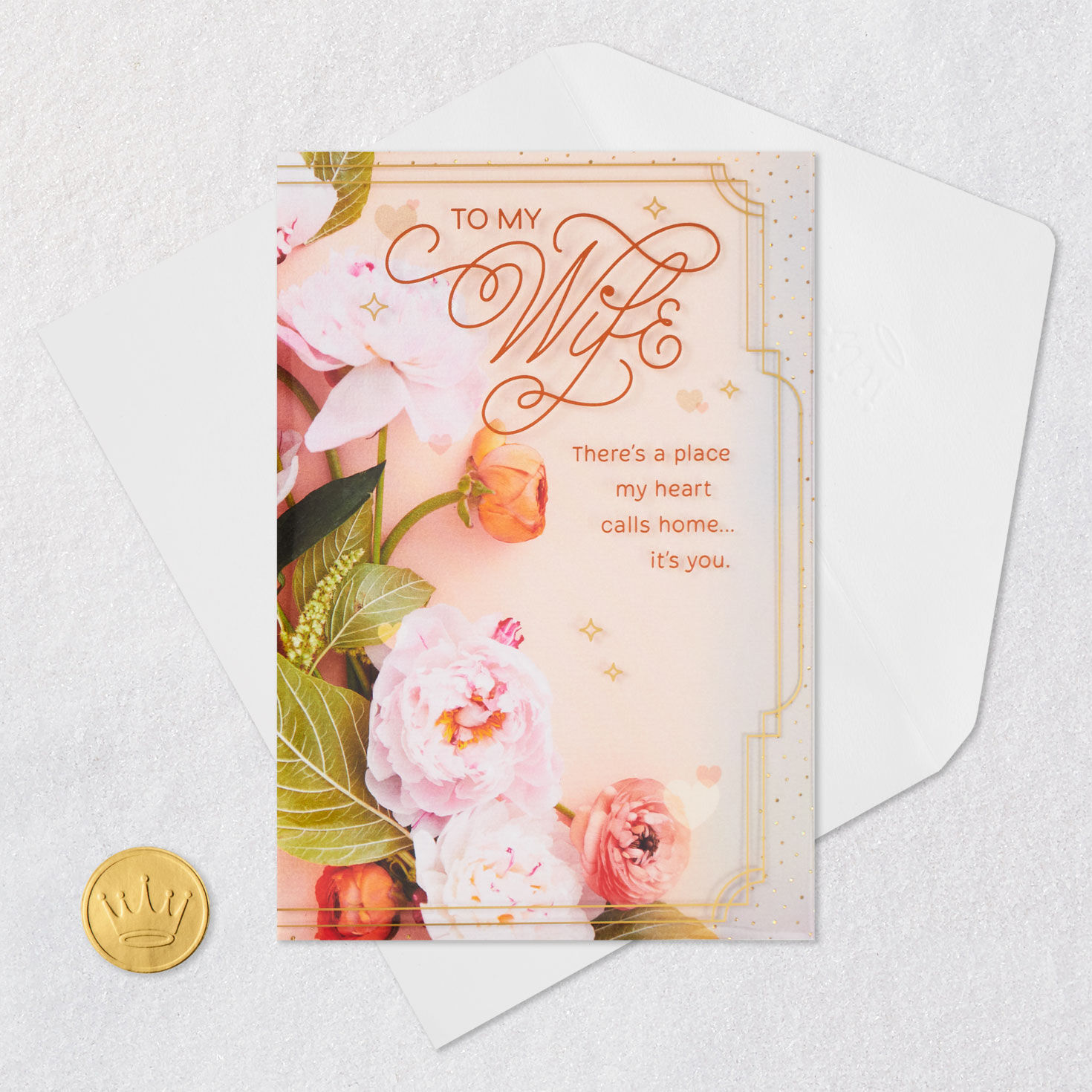 Pink Flowers Valentine's Day Card for Wife Card Front with Envelope and Gold Seal image number 5
