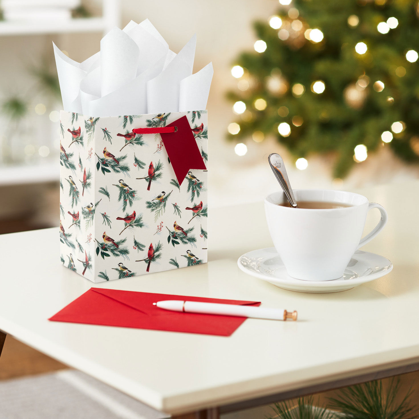 Winter Birds on Cream Small Christmas Gift Bag in use image number 2