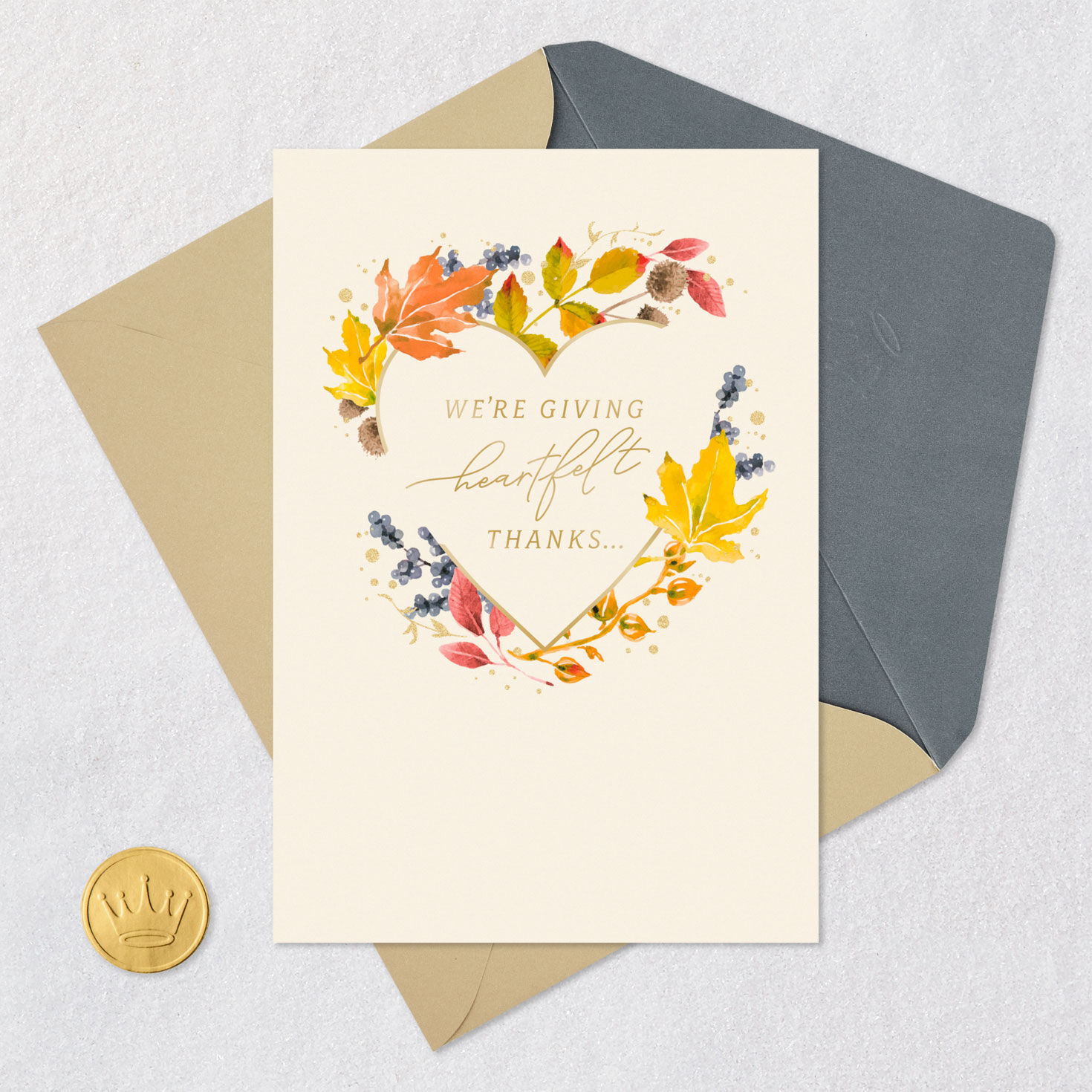 Autumn Leaves and Heart Thanksgiving Card Card Front with Envelope and Gold Seal image number 5
