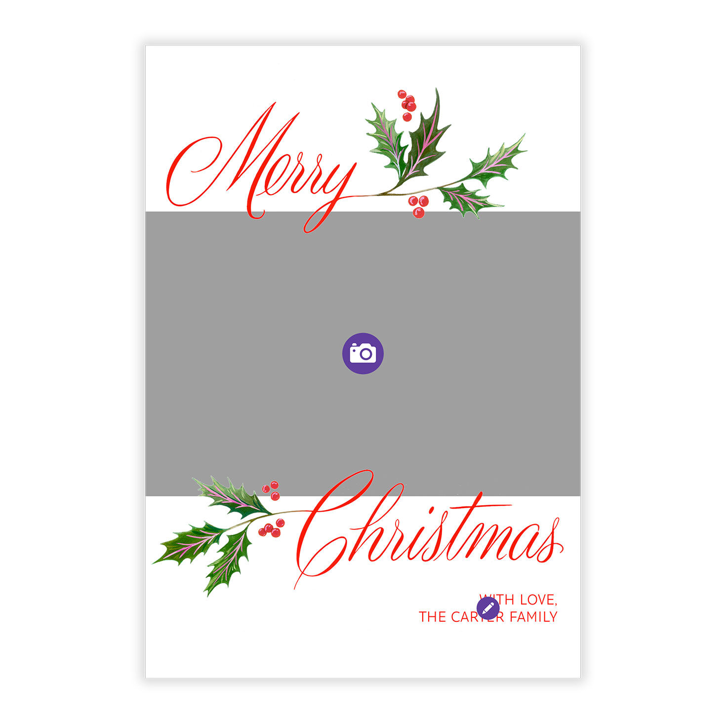 Holly Red Script Personalized Christmas Photo Card Card Front indicating personalization image number 5