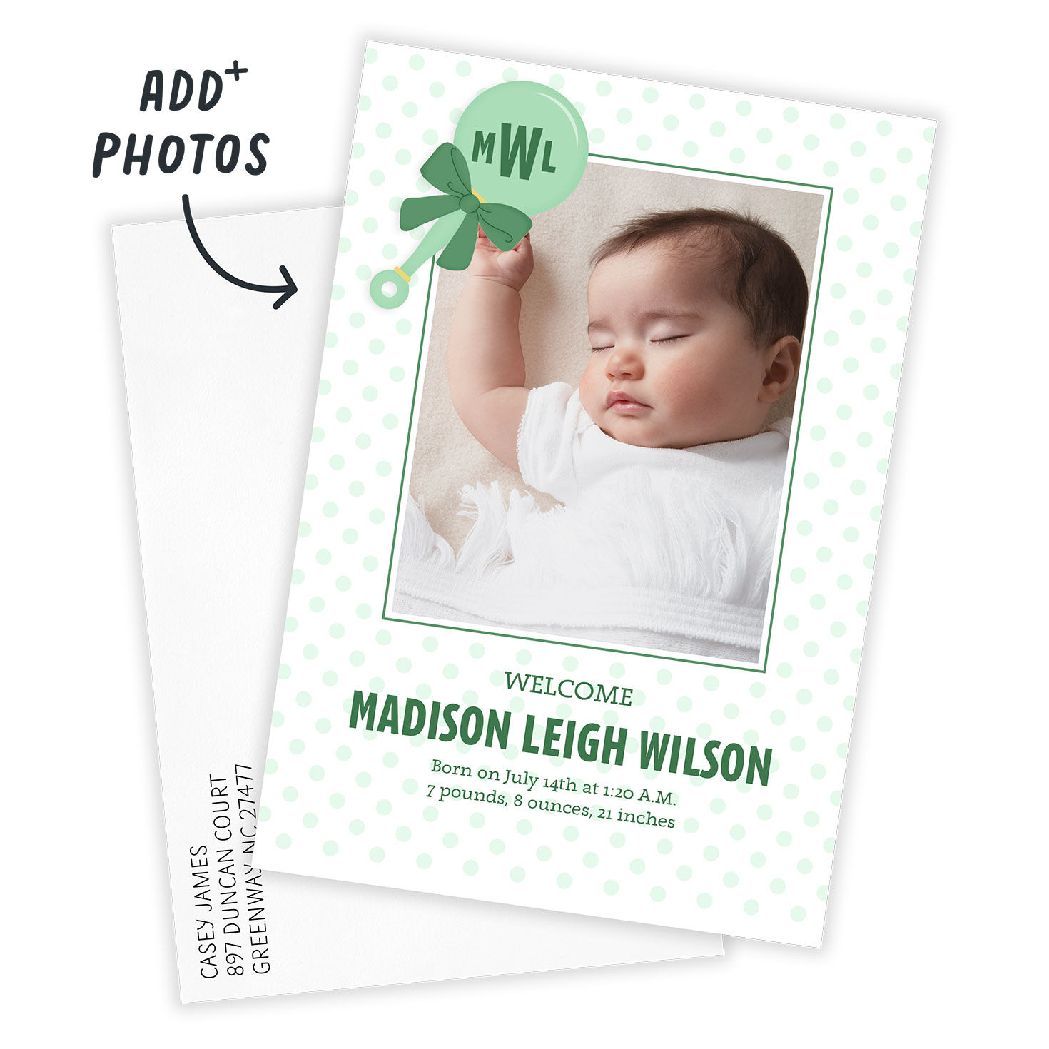 Green Rattle and Dots Personalized Baby Announcement Card front with Envelope indicating personalization image number 2