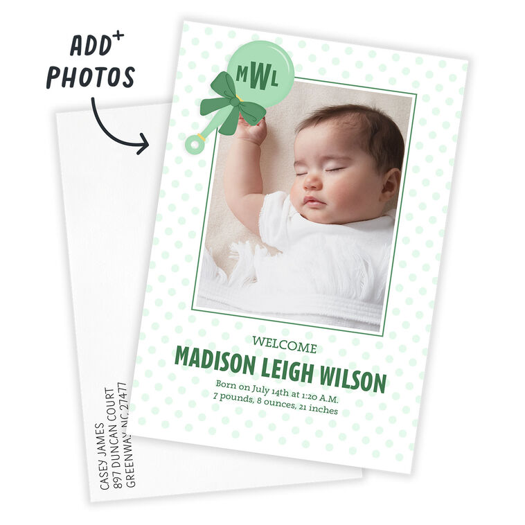 Hallmark Baby Rattle Monogram Rattle Flat Birth Announcement - Announcements | Hallmark