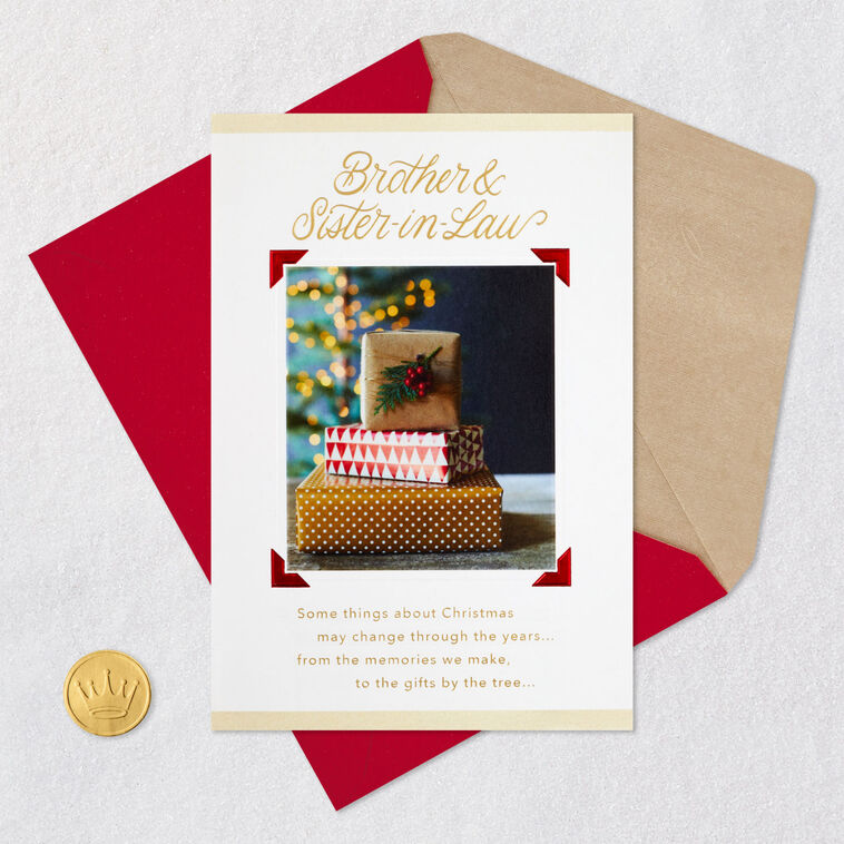Tree and Gifts Christmas Card for Brother and Sister-in-Law Card Front with Envelope and Gold Seal image number 6