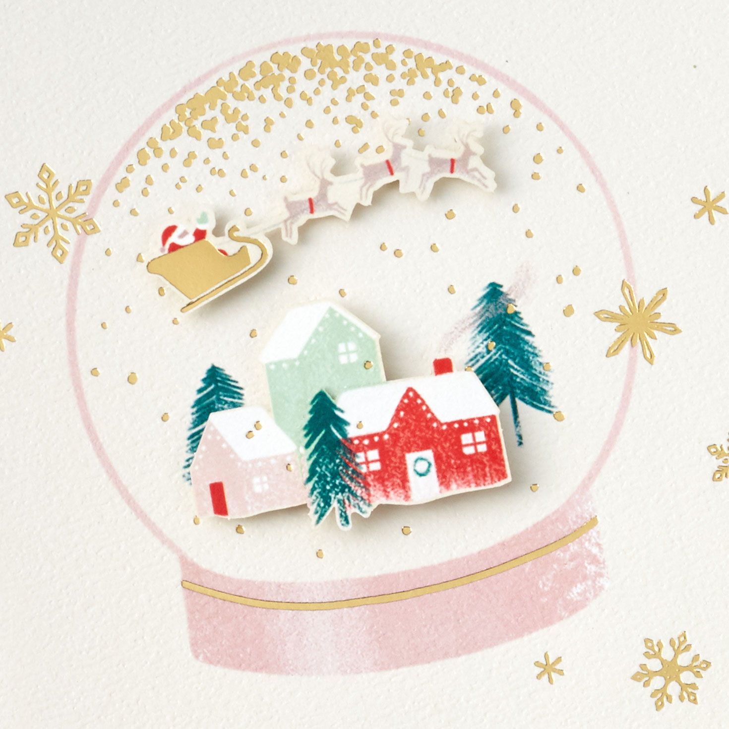 Santa's Sleigh Over Houses Snow Globe Christmas Card Card Front Detail image number 4
