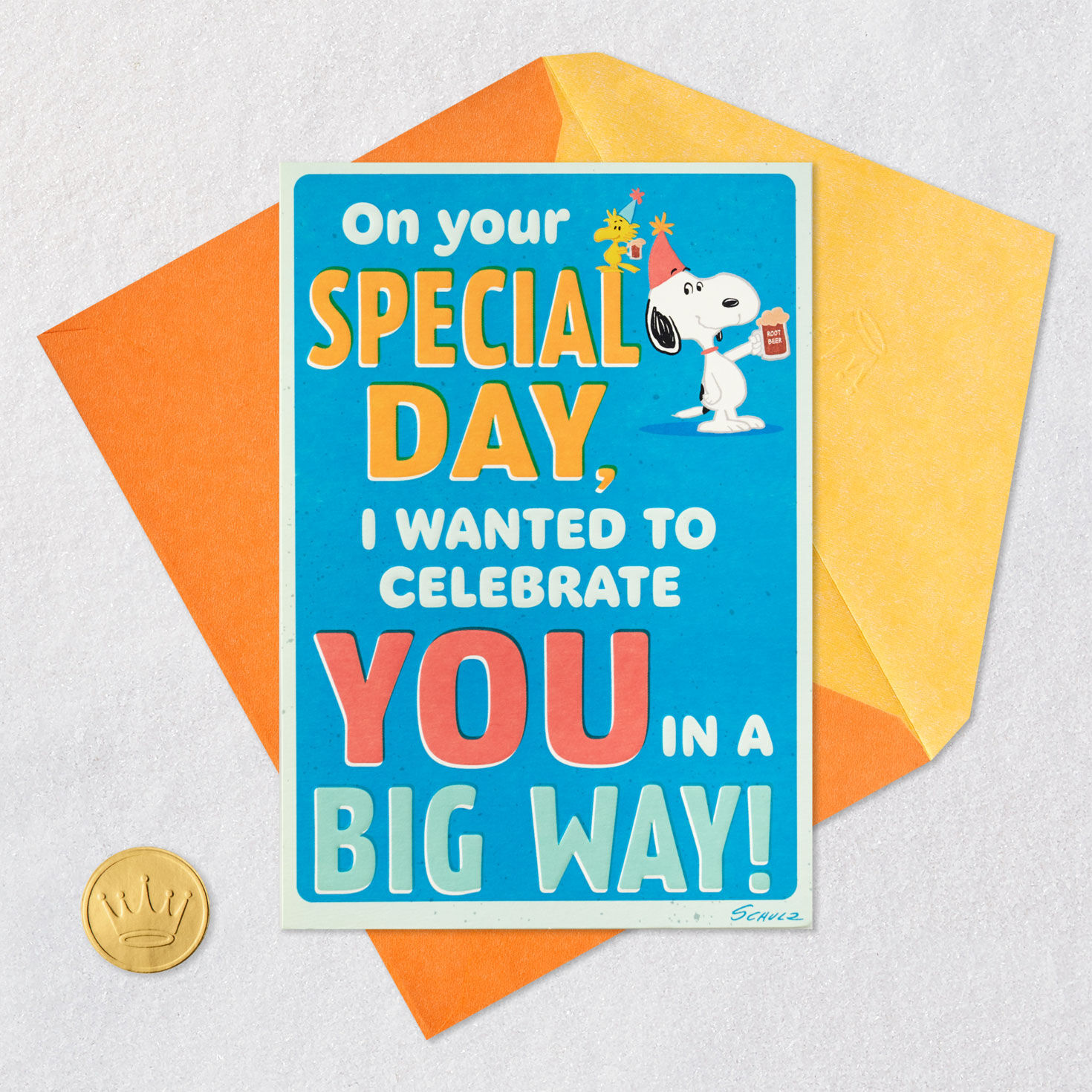 Snoopy and Woodstock Root Beer Burps Birthday Card Card Front with Envelope and Gold Seal image number 5
