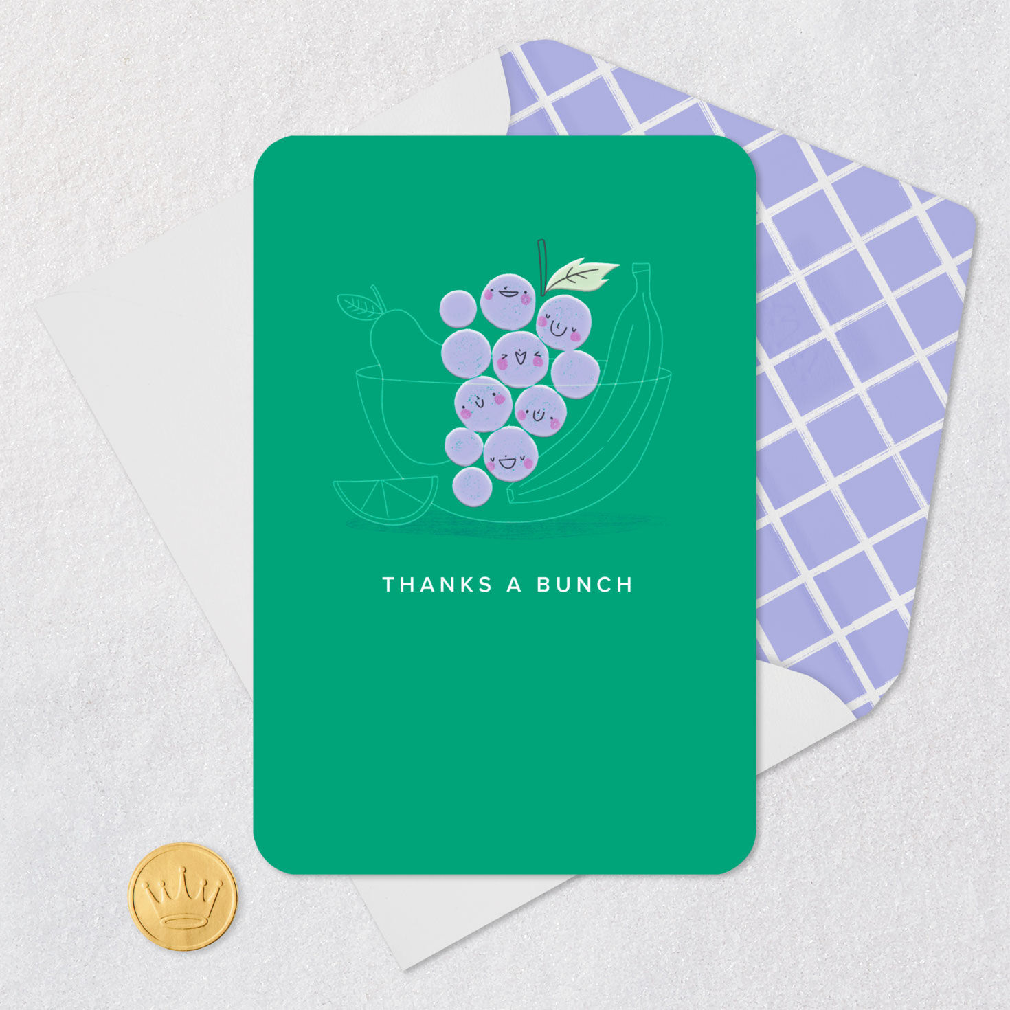 Smiling Grape Characters Blank Thank You Card Card Front with Envelope and Gold Seal image number 4