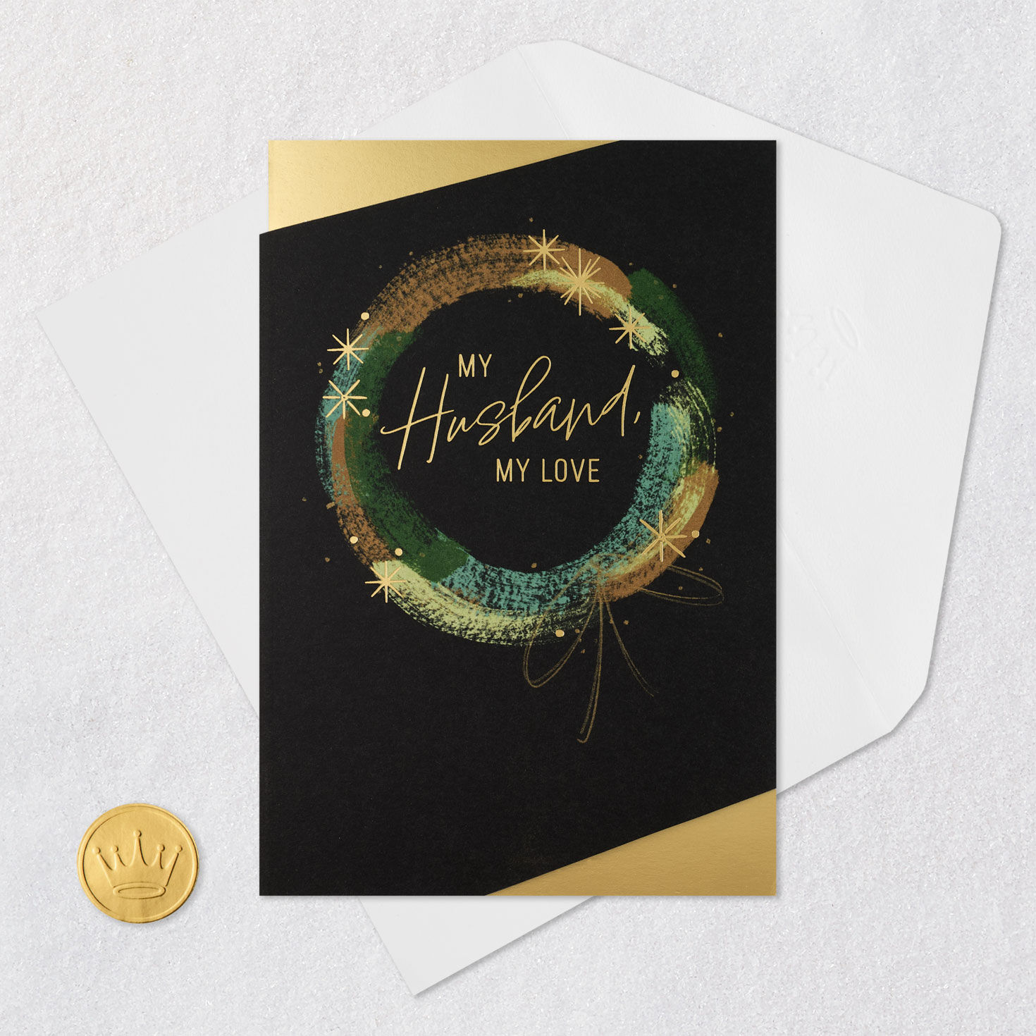 Modern Holiday Wreath Husband Christmas Card Card Front with Envelope and Gold Seal image number 7