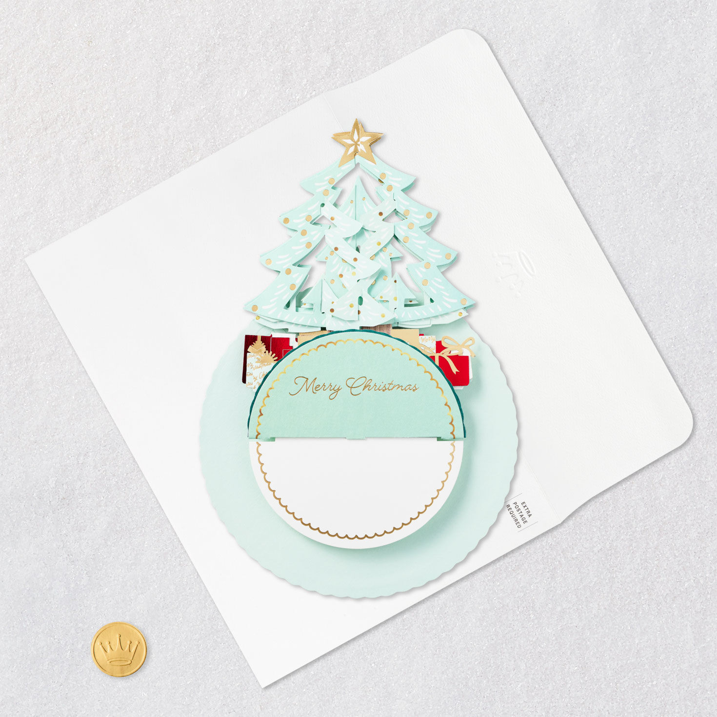 Pop-up Green and Gold Christmas Tree Card Card Front flat with Envelope and Gold Seal image number 9