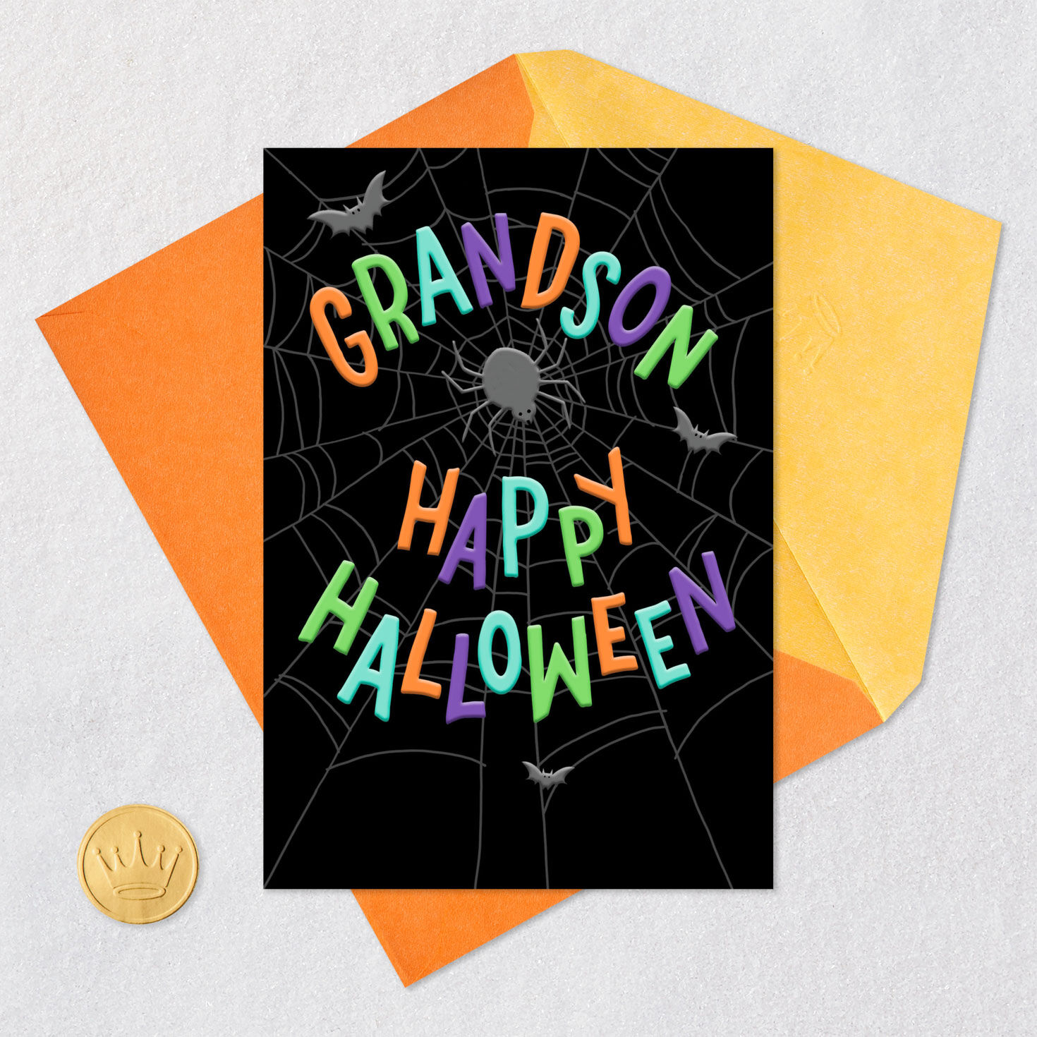 Bats and Spider in Web Grandson Halloween Card Card Front with Envelope and Gold Seal image number 5