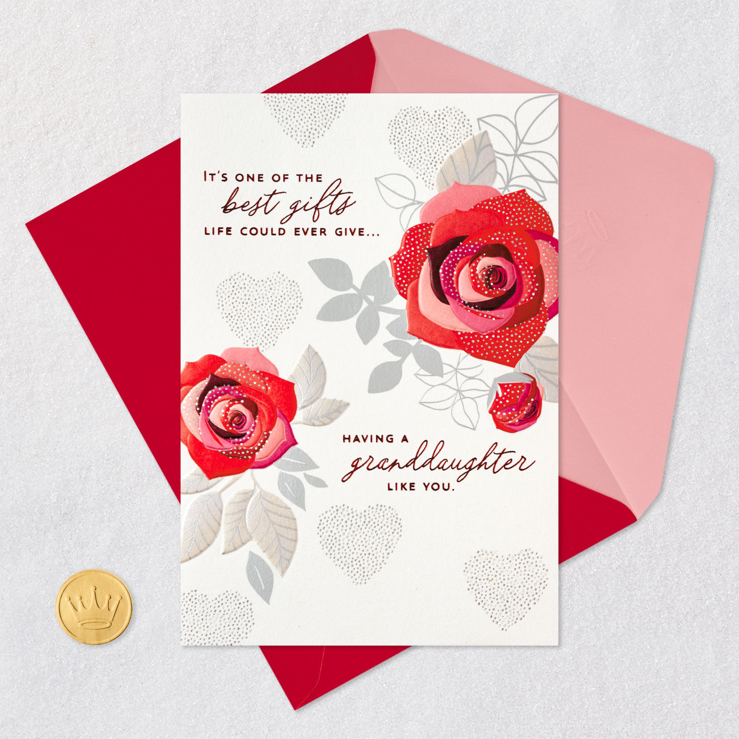 Roses and Silver Granddaughter Valentines Day Card Card Front with Envelope and Gold Seal image number 6