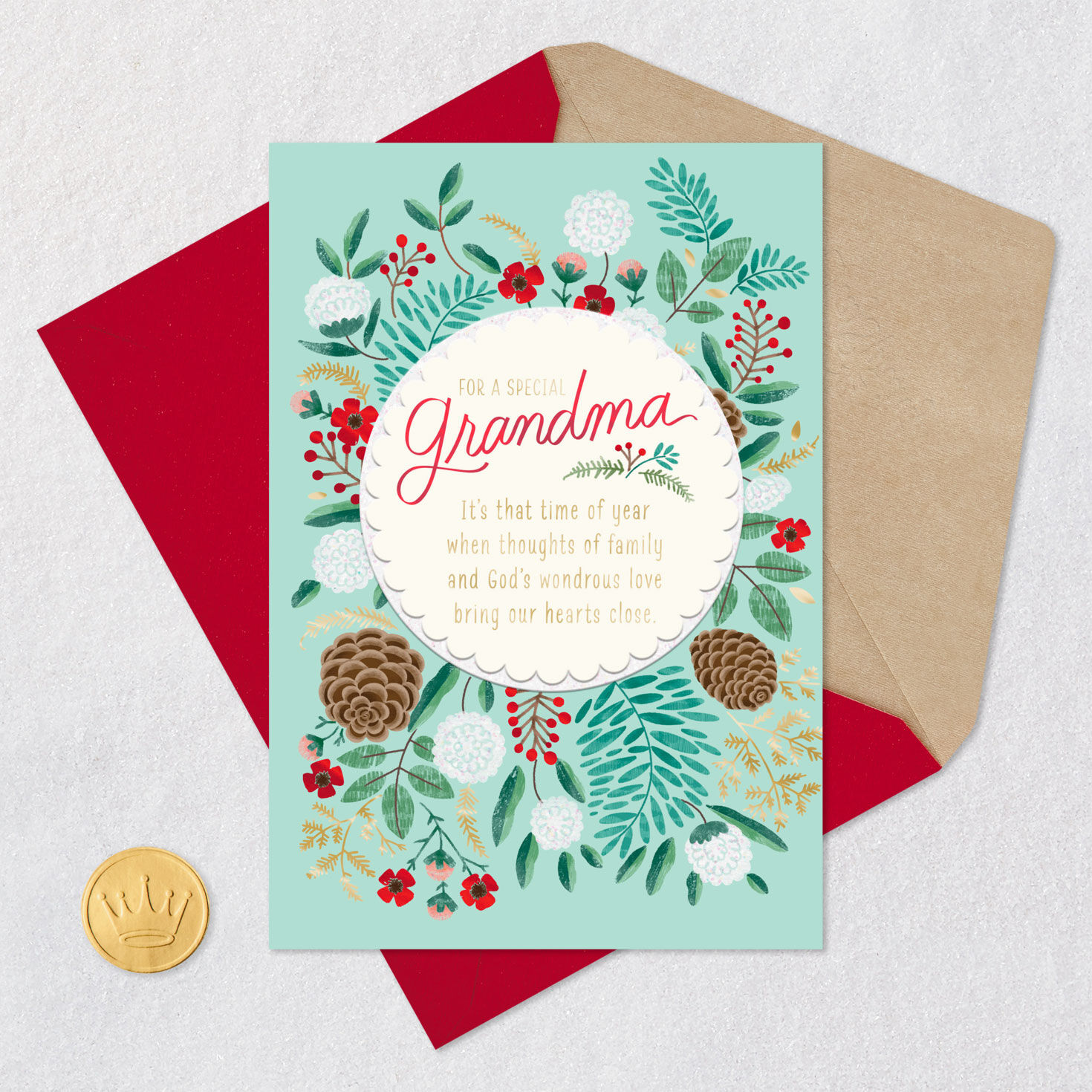 Botanicals on Green Christmas Card for Grandma Card Front with Envelope and Gold Seal image number 6