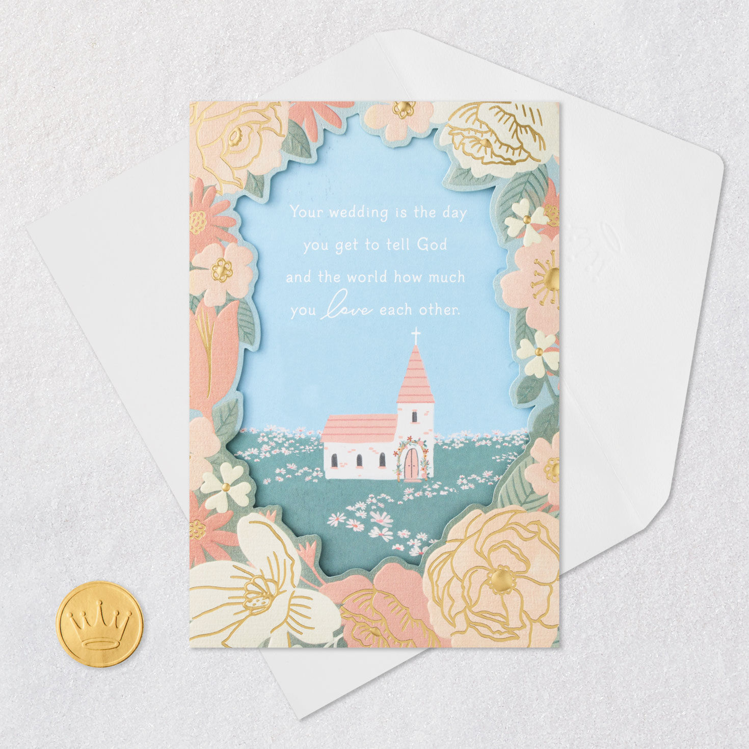Pink Chapel with Flowers Wedding Card Card Front with Envelope and Gold Seal image number 5