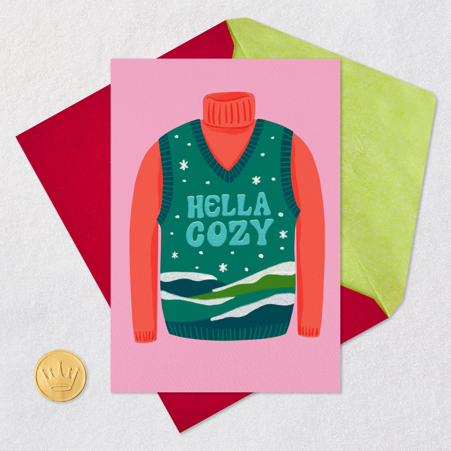 Cozy Holiday Sweater Christmas Card Card Front with Envelope and Gold Seal image number 5