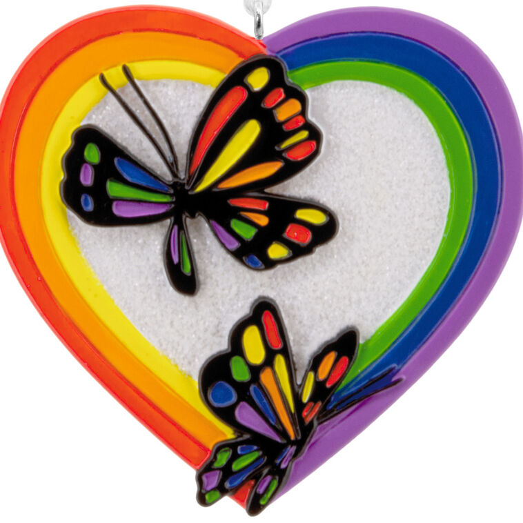 Rainbow Heart With Butterflies Christmas Ornament closeup view image number 5
