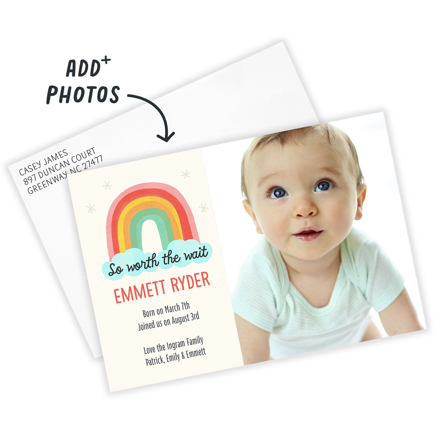 Rainbow on Cloud Personalized Baby Announcement Card Front indicating personalization image number 2