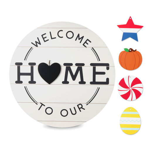 Welcome To Our Home Hanging Sign With Seasonal Decorations, 18x18, 