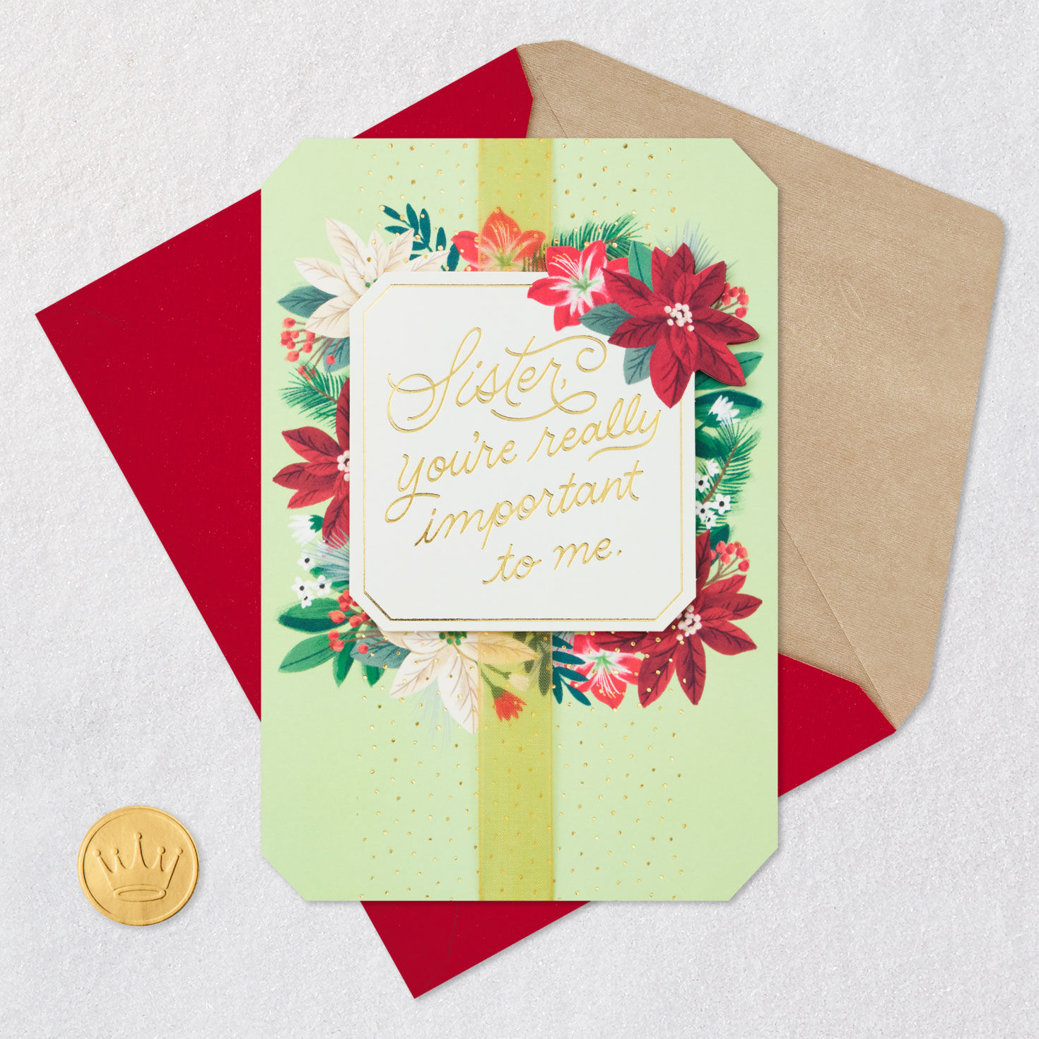 Poinsettia Floral Green Christmas Card for Sister Card Front with Envelope and Gold Seal image number 6