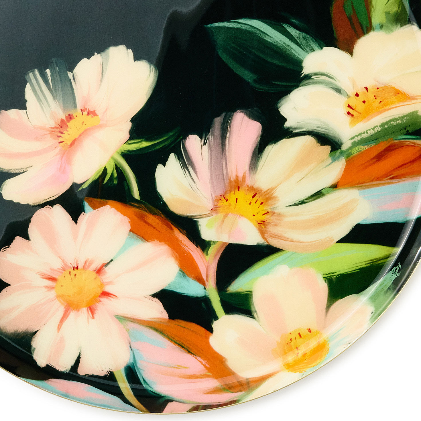 Round Metal Serving Tray With Green Floral Design upclose view image number 4