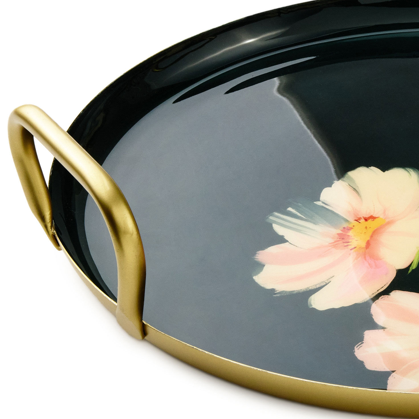 Round Metal Serving Tray With Green Floral Design upclose view image number 5