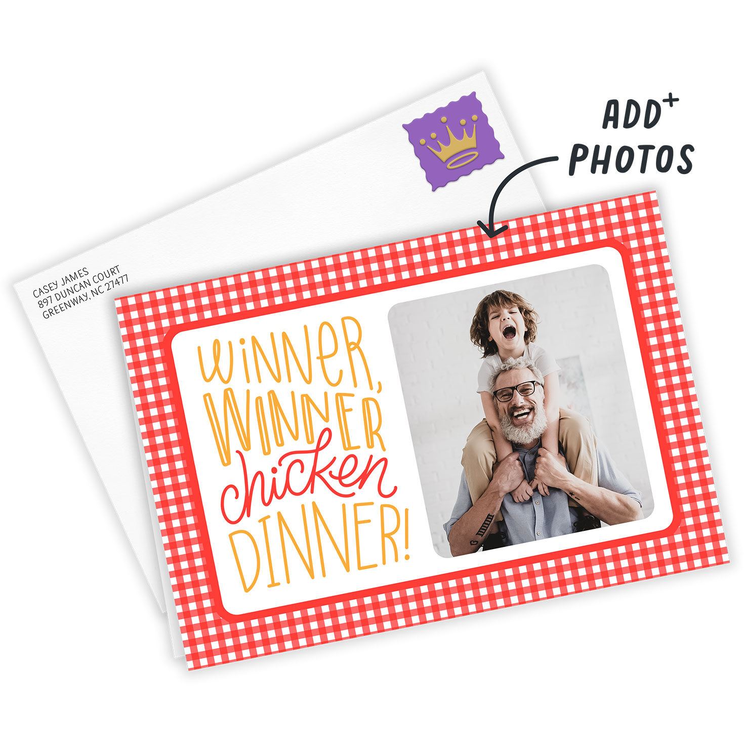 Red Plaid Winner Winner Personalized Photo Card Card Front indicating personalization image number 2
