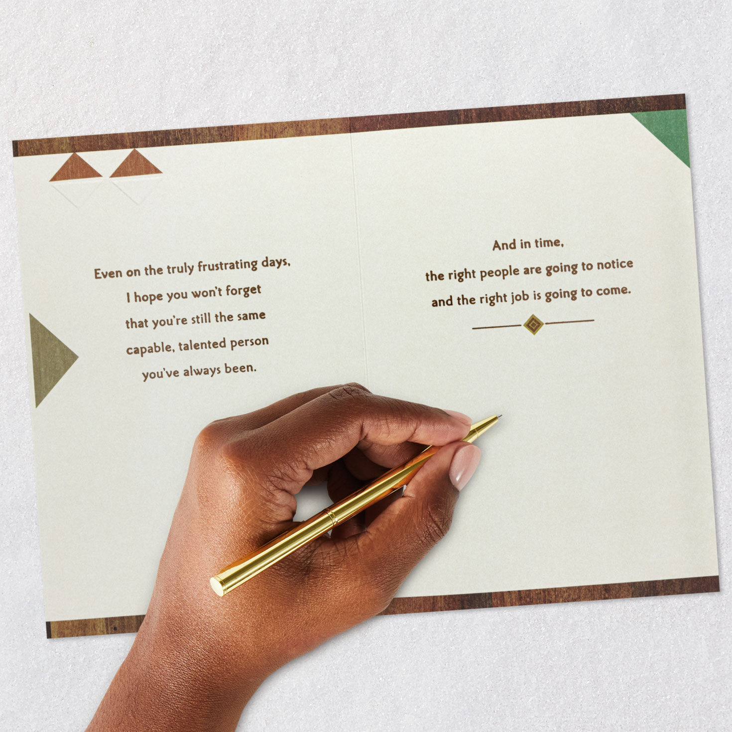 Teal, Yellow and Coral Triangles Job Loss Card signing card image number 7