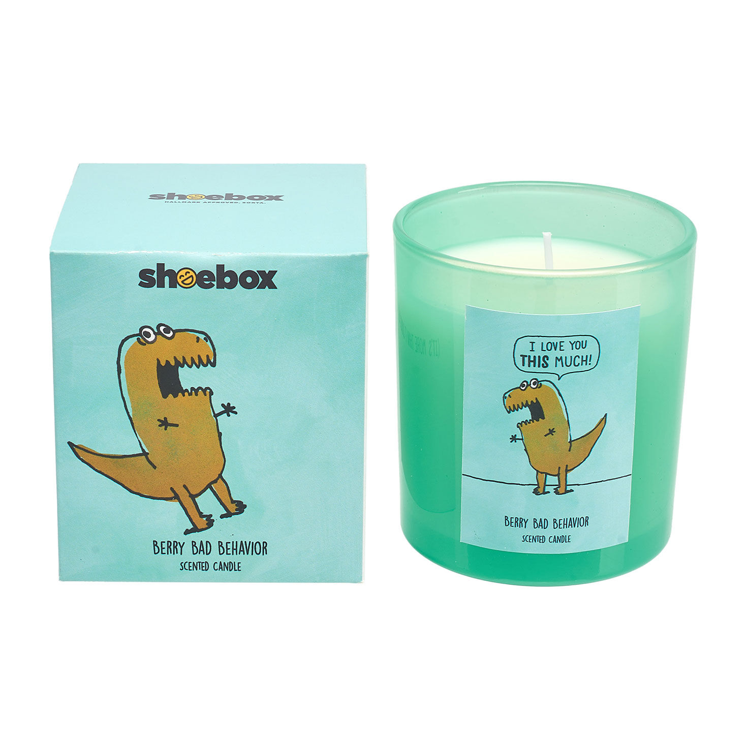 Berry-Scented T-Rex Candle in Green Glass Jar front with packaging image number 1