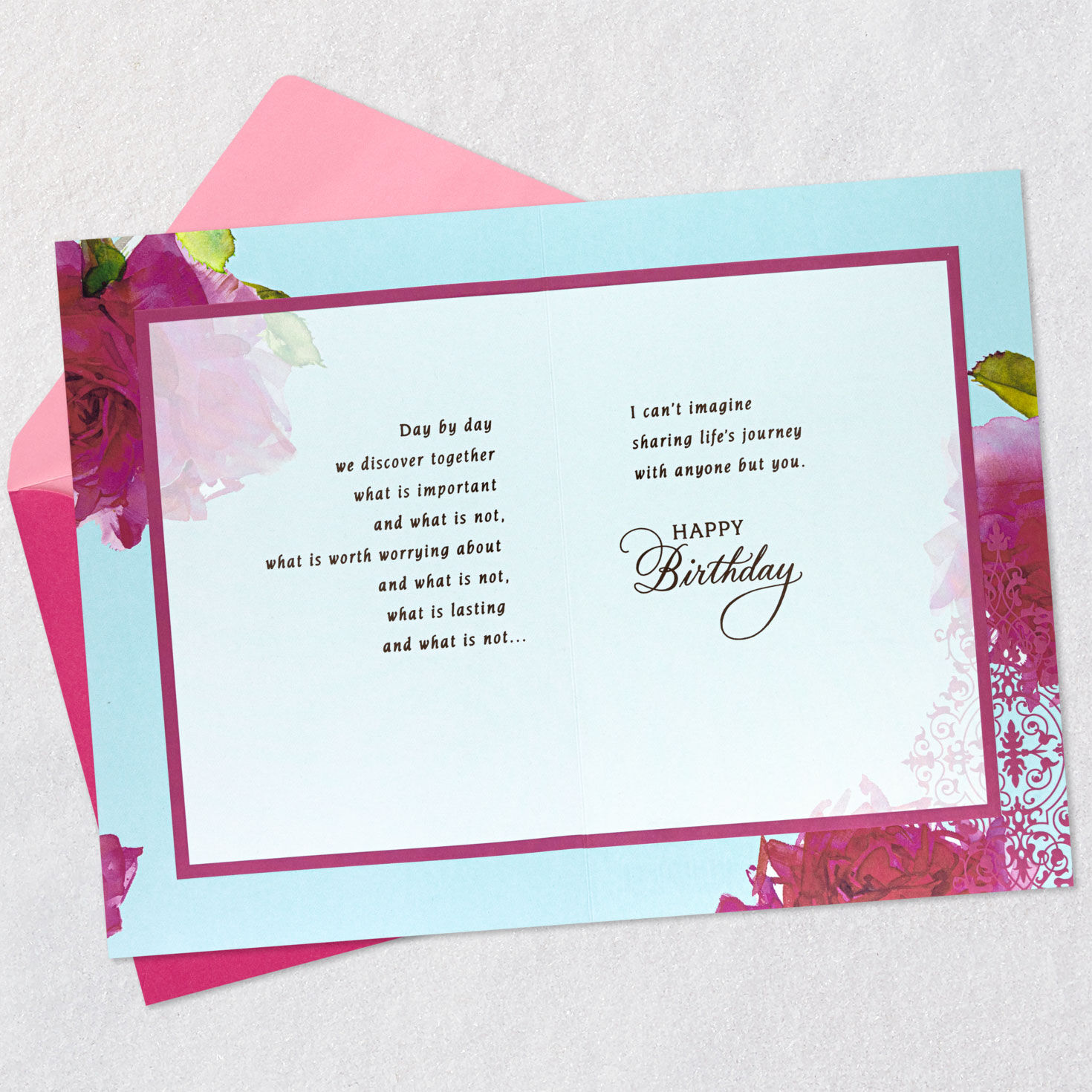 Pink and Blue Floral Birthday Card for Wife Open card with envelope image number 4