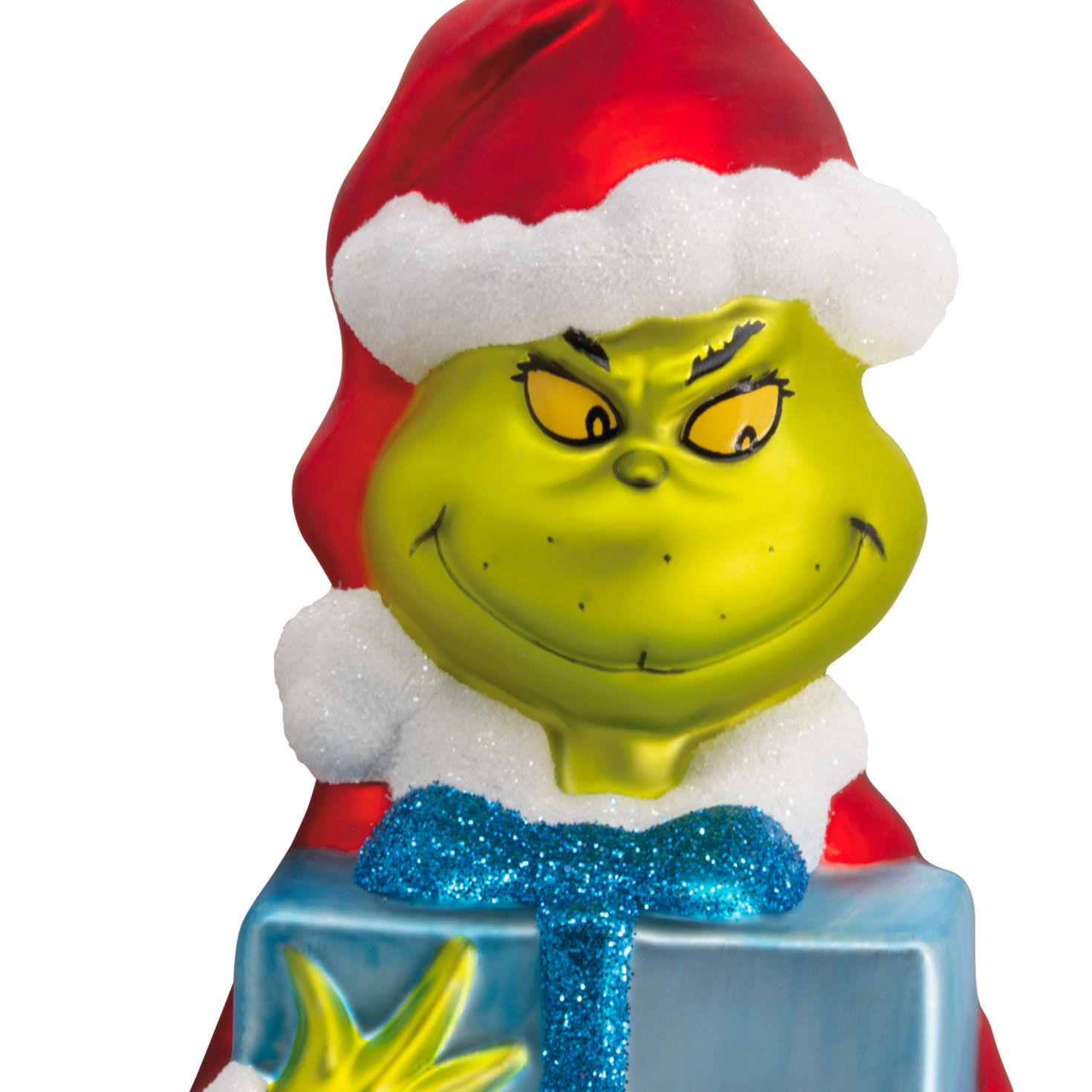 Grinch With Present Glass Christmas Ornament upclose view image number 4